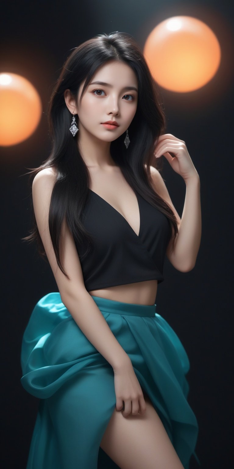  masterpiece,best quality,official art,extremely detailed CG unity 8k wallpaper,small breasts,1girl, Long black hair,whole body,exposure blend,medium shot,bokeh,(hdr:1.4),high contrast,(cinematic, teal and orange:0.85),(muted colors, dim colors, soothing tones:1.3),natural external halo, excellent color and light effects, (color deviation, color deviation, color reproduction: 1.1) ,((black background)). diamond earrings.waist,skirt,leg.