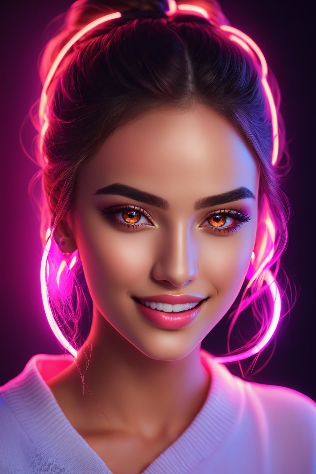 (best quality,highres:1.2,ultra-detailed,realistic,portrait),(beautiful detailed eyes,beautiful detailed lips), brown eyes, cute smile, (neon light on face),(glowing),(attractive woman),(dark background),(soft lighting),(subtle colors).