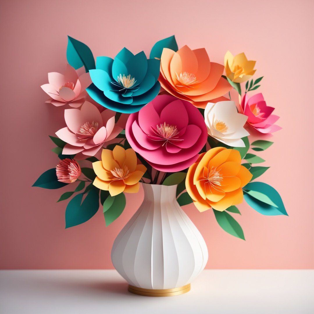 (bunch of paper flowers, paper vase:1.1), colorful bouquet, delicate handcrafted petals, intricate details, realistic texture, vibrant colors, beautiful arrangement, 3D rendering, (best quality, highres:1.2), soft lighting, bokeh