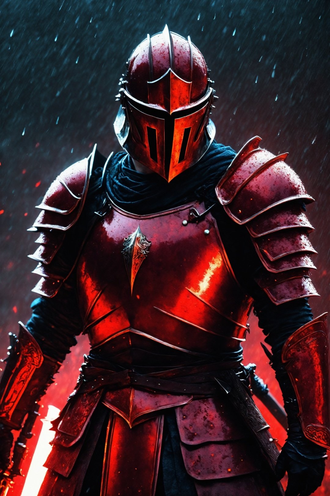 (a person holding a sword),(rain),(blood knight:1.1),(fantasy knight),(evil knight),(gothic knight),(dark souls art style),(fallen knight),(knight armored in red),(best quality,4k,8k,highres,masterpiece:1.2),(ultra-detailed),(realistic,photorealistic,photo-realistic:1.37),(HDR),(UHD),(studio lighting),(vivid colors),(bokeh),(portraits),(landscape),(horror),(anime),(sci-fi),(photography),(concept artists),(dramatic lighting),(ominous atmosphere)