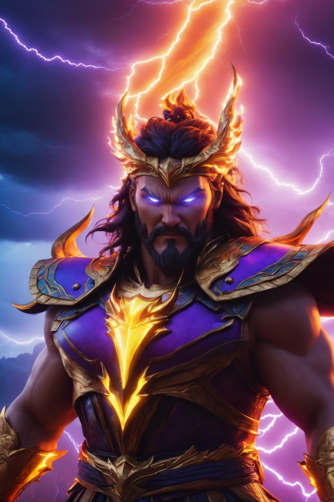 (best quality, UHD, ultra-detailed, masterpiece), (ultra-realistic, photorealistic), A mesmerizing UHD portrait of the imposing Thunder God, his electrifying lightning strikes casting an eerie and vibrant violet and cyan glow across the sky. Rendered with the precision of the Luminous Studio graphics engine and the brilliance of Octane render, the scene is enveloped in a hauntingly dense and eerie cloudy haze. The Thunder God, with a creepy smile on his face, gazes ominously as fiery embers dance around his thunderous crown, and tendrils of eerie smoke snake through the scene, adding an unsettling atmosphere.,Leonardo