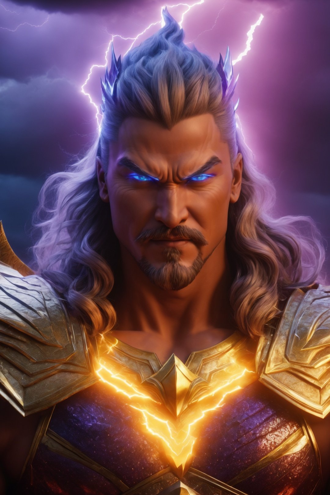 (best quality, UHD, ultra-detailed, masterpiece), (ultra-realistic, photorealistic), A mesmerizing UHD portrait of the imposing Thunder God, his electrifying lightning strikes casting an eerie and vibrant violet and cyan glow across the sky. Rendered with the precision of the Luminous Studio graphics engine and the brilliance of Octane render, the scene is enveloped in a hauntingly dense and eerie cloudy haze. The Thunder God, with a creepy smile on his face, gazes ominously as fiery embers dance around his thunderous crown, and tendrils of eerie smoke snake through the scene, adding an unsettling atmosphere.,Leonardo