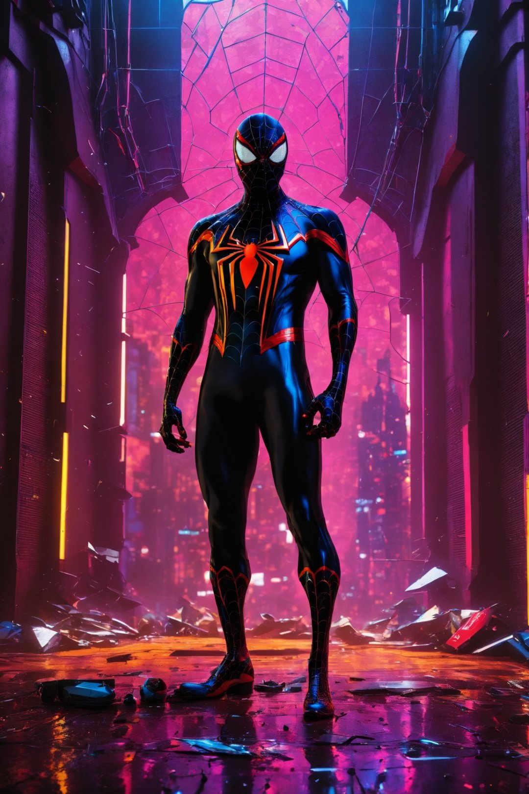 (Killer Spider-Man) from (Marvel), the entire suit drenched in blood, with (pieces of torn clothes) scattered about. The character features (intricate and angular cybernetic implants) inside a (brutalist building) combined with a (Gothic brutalist cathedral) backdrop, creating a (cyberpunk) atmosphere. The image is reminiscent of a (Foto premiada) with a focus on (Bokeh) and neon lights. This masterpiece is in (4K Cyber) resolution, blending the elements of a brutalist and cyberpunk aesthetic into a visually captivating and chilling scene.