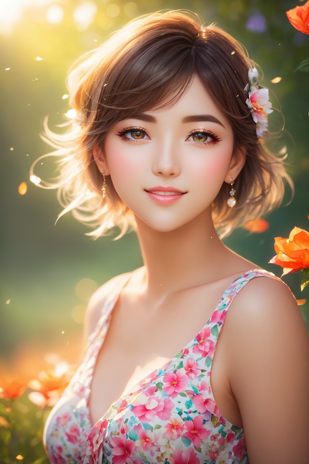 best quality,ultra-detailed,highres,realistic,extremely detailed eyes and face,beautiful detailed eyes,beautiful detailed lips, cute smile, longeyelashes,1girl,short-hair,hair fluttering in the wind,facing to the side,look up at your face,eyes closed,(sleeveless:1.1),skirt,D cup breasts,countless petals are falling,portraits,vivid colors,soft lighting,bokeh