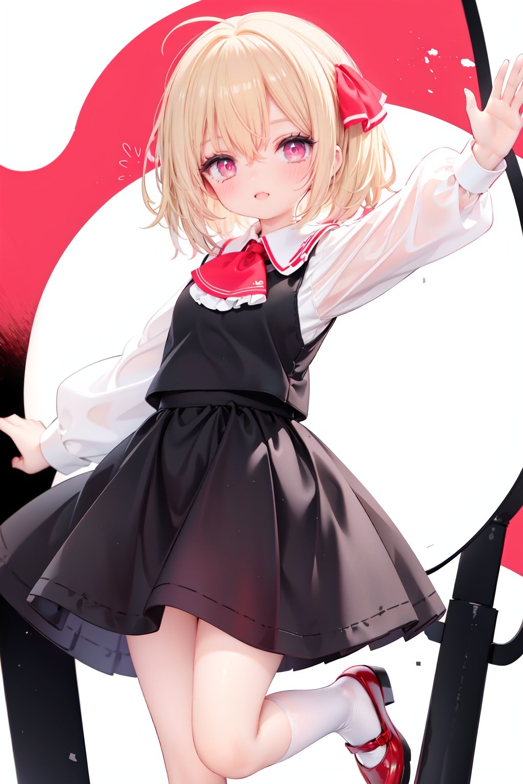  1girl, rumia, blonde hair, solo, white background, red eyes, red footwear, simple background, ascot, short hair, ribbon, open mouth, hair ribbon, smile, long sleeves, shirt, looking at viewer, red ascot, white socks, white shirt, red ribbon, shoes, socks, frills, bangs, outstretched arms, hair between eyes, skirt, :d, dress, vest, mary janes, black dress, black skirt, collared shirt, black vest, blush