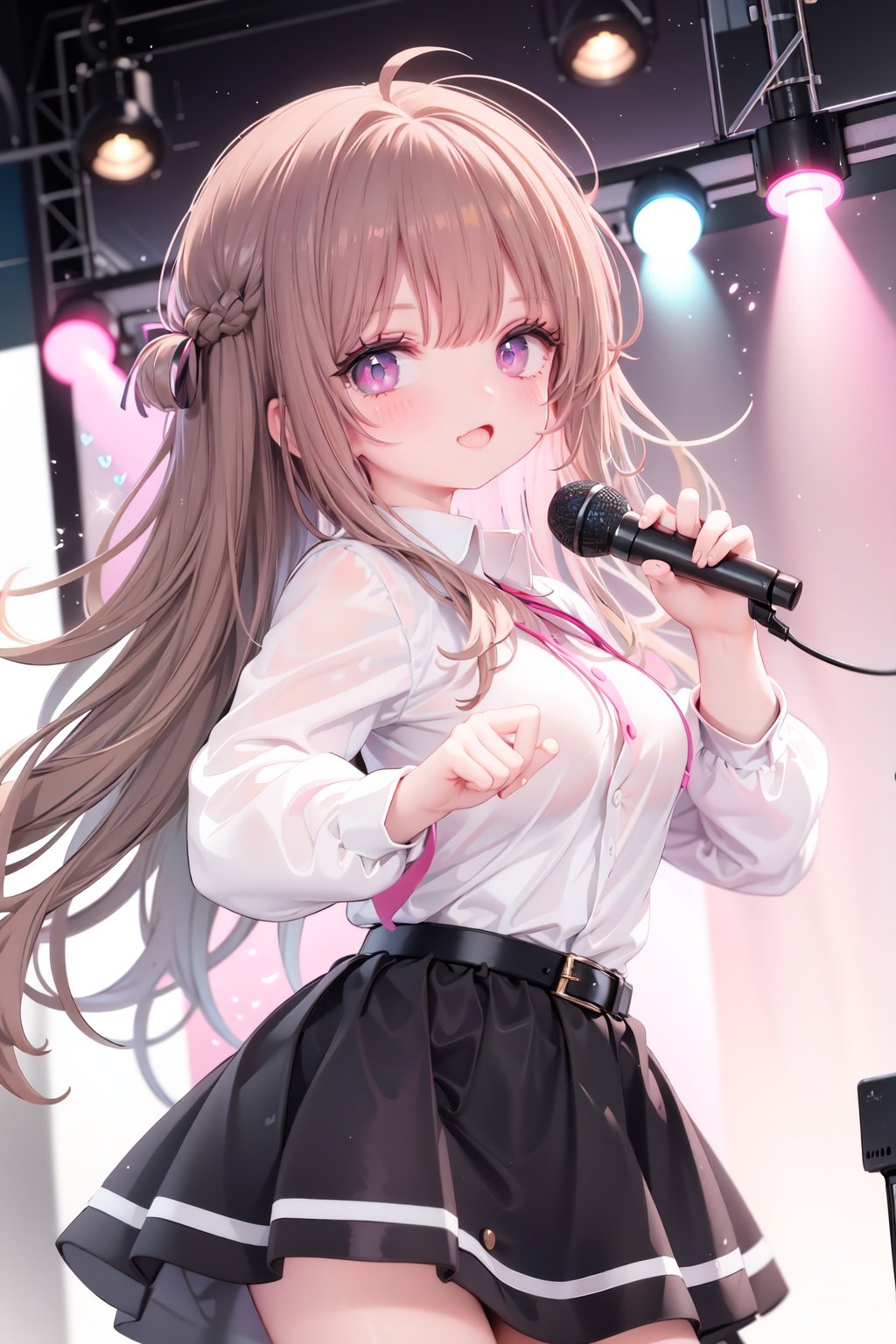  1girl, solo, microphone, smile, skirt, blush, brown eyes, long hair, open mouth, looking at viewer, brown hair, long sleeves, :d, shirt, bangs, belt, breasts, pink shirt, outstretched arm, music, black belt, medium breasts, holding microphone, singing