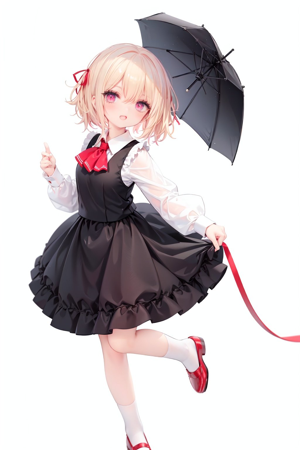  1girl, rumia, blonde hair, solo, white background, red eyes, red footwear, simple background, ascot, short hair, ribbon, open mouth, hair ribbon, smile, long sleeves, shirt, looking at viewer, red ascot, white socks, white shirt, red ribbon, shoes, socks, frills, bangs, outstretched arms, hair between eyes, skirt, :d, dress, vest, mary janes, black dress, black skirt, collared shirt, black vest, blush