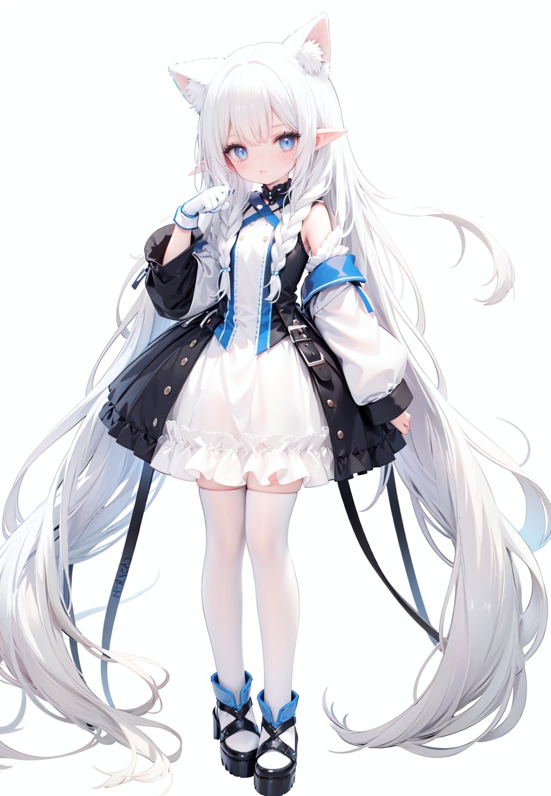  1girl, white_gloves, braid, full_body, gloves, long_hair, official_alternate_costume, pointy_ears, simple_background, solo, standing, very_long_hair, white_background, white hair, blue eyes, paw claw pose, open_mouth