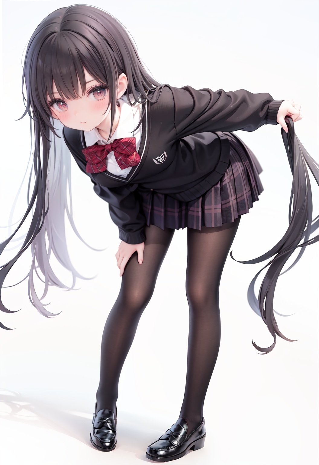  1girl, solo, pantyhose, skirt, long hair, loafers, shoes, simple background, school uniform, brown eyes, plaid, black pantyhose, plaid skirt, looking at viewer, black hair, pantyhose pull, full body, clothes pull, black footwear, pleated skirt, leaning forward, bangs, long sleeves, bent over, cardigan, bow, bowtie, standing, closed mouth, pulled by self, grey background, blush, miniskirt, red bow, sweater, undressing