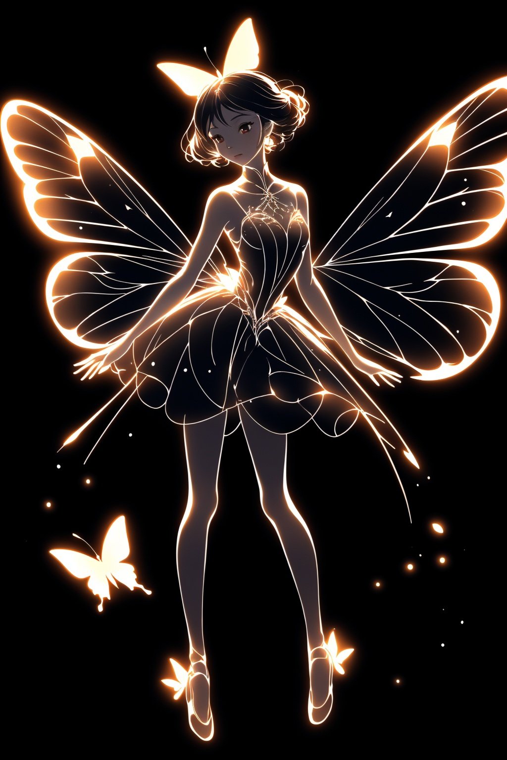  guangxian, 1girl, butterfly wings, wings, solo, black background, dress, full body, ballerina, bug, simple background, flower, standing