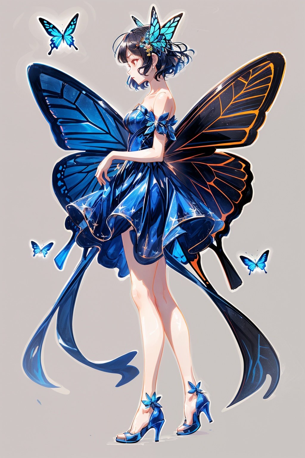  guangxian, 1girl, dress, solo,  black background, high heels, simple background, full body, wings, hair ornament, standing, blue dress, bare shoulders, short hair, profile, blue footwear, strapless, butterfly wings, shoes, strapless dress, bare legs, bangs