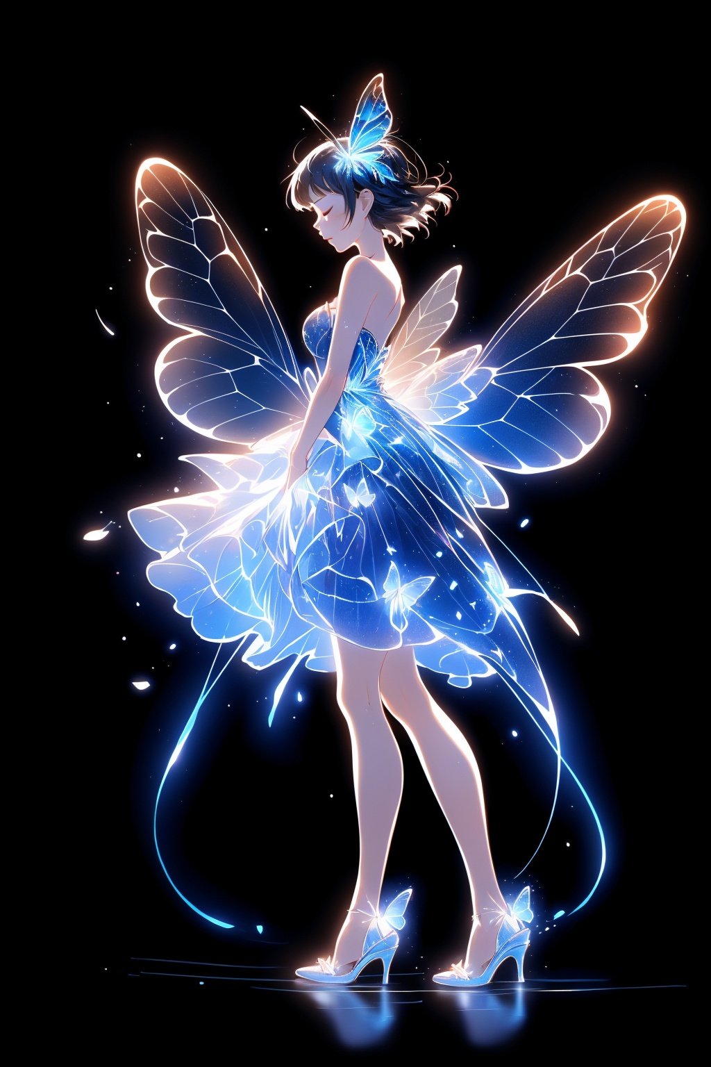 guangxian, 1girl, dress, solo, closed eyes, black background, high heels, simple background, full body, wings, hair ornament, standing, blue dress, bare shoulders, short hair, profile, blue footwear, strapless, butterfly wings, shoes, strapless dress, bare legs, bangs