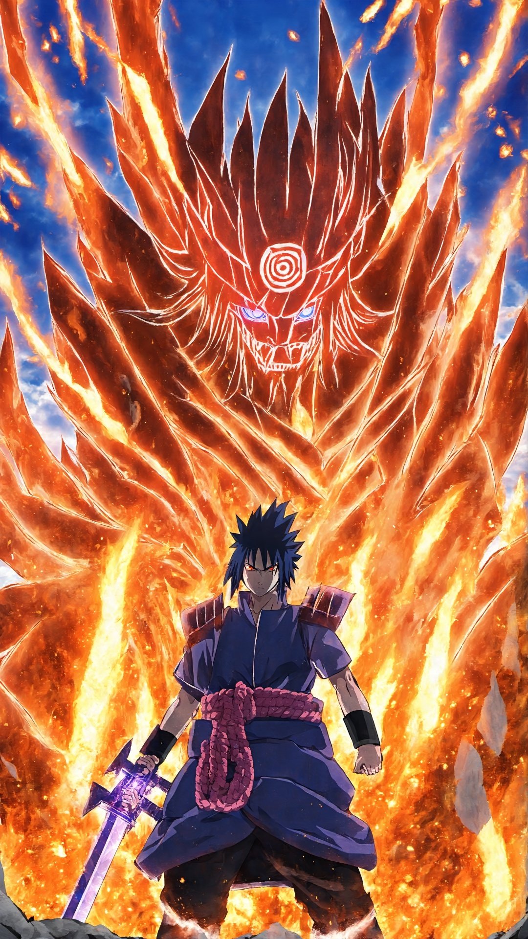 (Anime style: 1.5) Wide angle shot (gold color art) (simple details) Susanoo dominates this scene, its tall body is filled with armor, and the mysterious runes on the armor exude a blue light, highlighting its mystery and power. Under the hood, the Sharingan's pupils were as hot as fire and his eyes were determined. The huge sword was raised high, the blade reflecting strong light, showing destructive power. Sasuke stood on Susanoo's palm, his face was covered, and only the Sharingan pupils showed determination. Sasuke seems to blend into this massive form, demonstrating his close connection with Susanoo