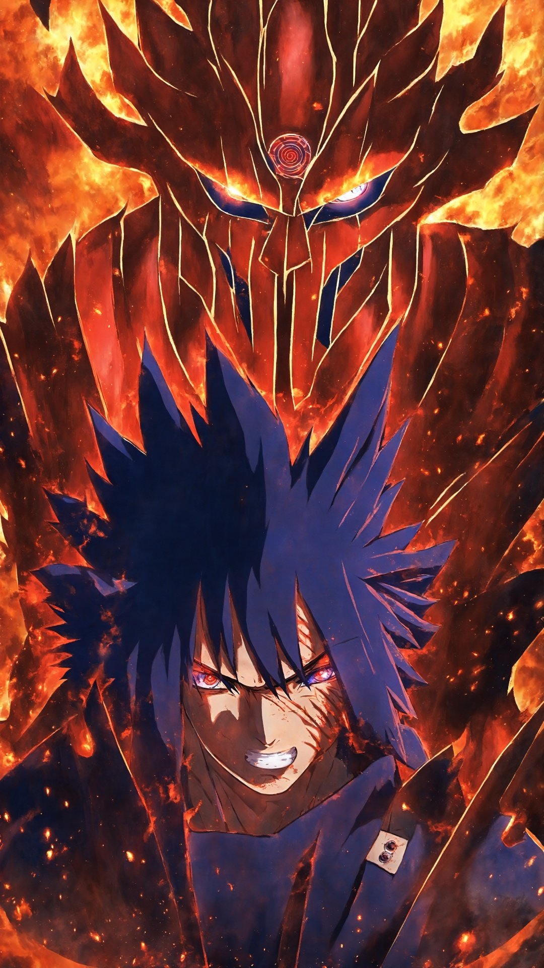 (Anime style: 1.5) Wide angle shot (gold color art) (simple details) Susanoo dominates this scene, its tall body is filled with armor, and the mysterious runes on the armor exude a blue light, highlighting its mystery and power. Under the hood, the Sharingan's pupils were as hot as fire and his eyes were determined. The huge sword was raised high, the blade reflecting strong light, showing destructive power. Sasuke stood on Susanoo's palm, his face was covered, and only the Sharingan pupils showed determination. Sasuke seems to blend into this massive form, demonstrating his close connection with Susanoo