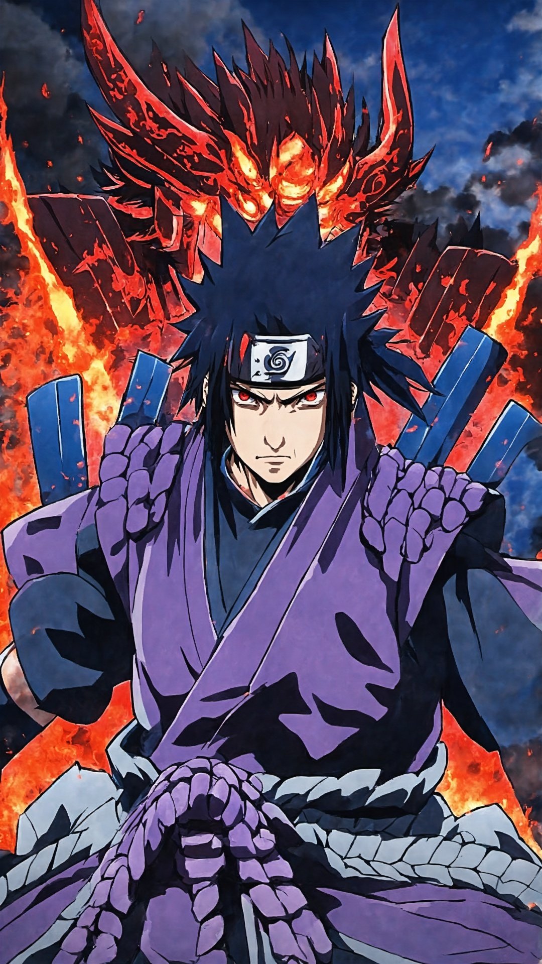 (Anime style: 1.5) Wide angle shot (Advanced color) (Simple details) (Conceptual supernatural energy forming a huge Japanese samurai) Susanoo dominates this scene, its tall body is filled with armor, and the mysterious runes on the armor emanate The faint blue light highlights its mystery and power. Under the hood, the Sharingan's pupils were as hot as fire and his eyes were determined. The huge sword was raised high, the blade reflecting strong light, showing destructive power. Sasuke stood on Susanoo's palm, his face was covered, and only the Sharingan pupils showed determination. Sasuke seems to blend into this massive form, demonstrating his close connection with Susanoo