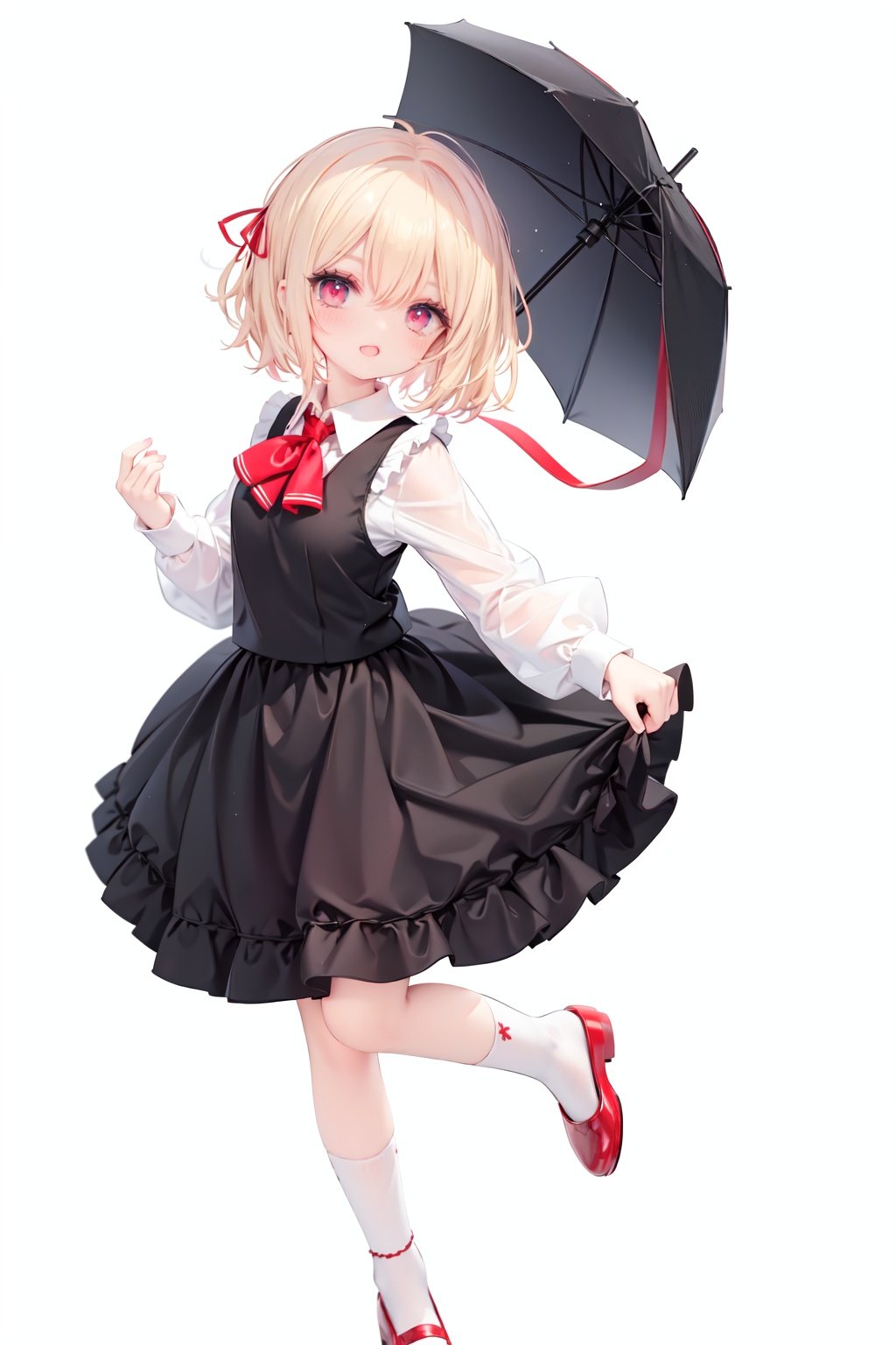  1girl, rumia, blonde hair, solo, white background, red eyes, red footwear, simple background, ascot, short hair, ribbon, open mouth, hair ribbon, smile, long sleeves, shirt, looking at viewer, red ascot, white socks, white shirt, red ribbon, shoes, socks, frills, bangs, outstretched arms, hair between eyes, skirt, :d, dress, vest, mary janes, black dress, black skirt, collared shirt, black vest, blush