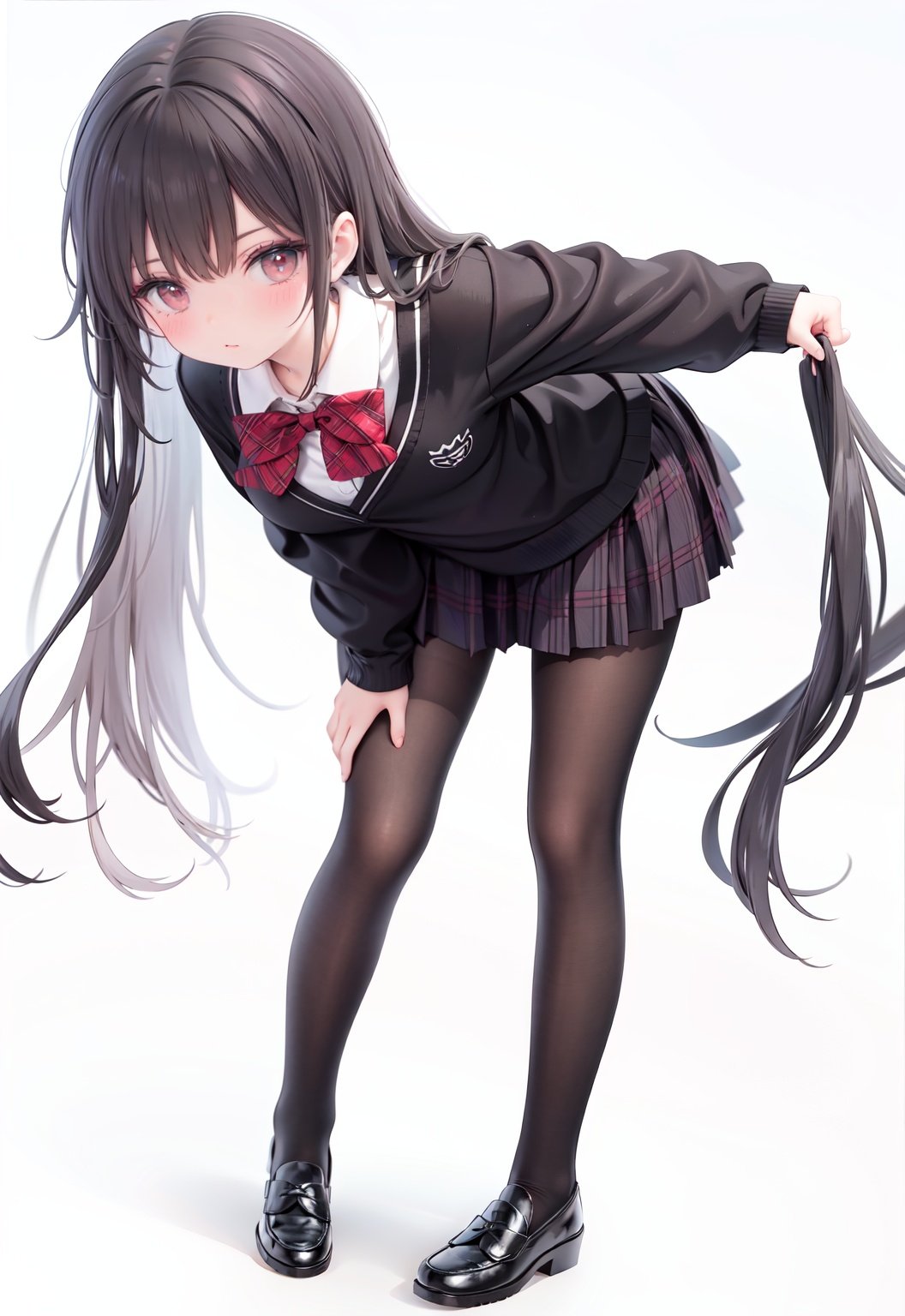  1girl, solo, pantyhose, skirt, long hair, loafers, shoes, simple background, school uniform, brown eyes, plaid, black pantyhose, plaid skirt, looking at viewer, black hair, pantyhose pull, full body, clothes pull, black footwear, pleated skirt, leaning forward, bangs, long sleeves, bent over, cardigan, bow, bowtie, standing, closed mouth, pulled by self, grey background, blush, miniskirt, red bow, sweater, undressing