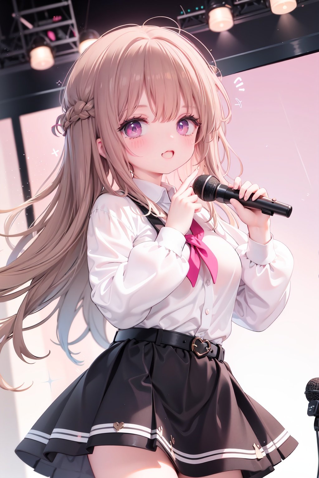  1girl, solo, microphone, smile, skirt, blush, brown eyes, long hair, open mouth, looking at viewer, brown hair, long sleeves, :d, shirt, bangs, belt, breasts, pink shirt, outstretched arm, music, black belt, medium breasts, holding microphone, singing