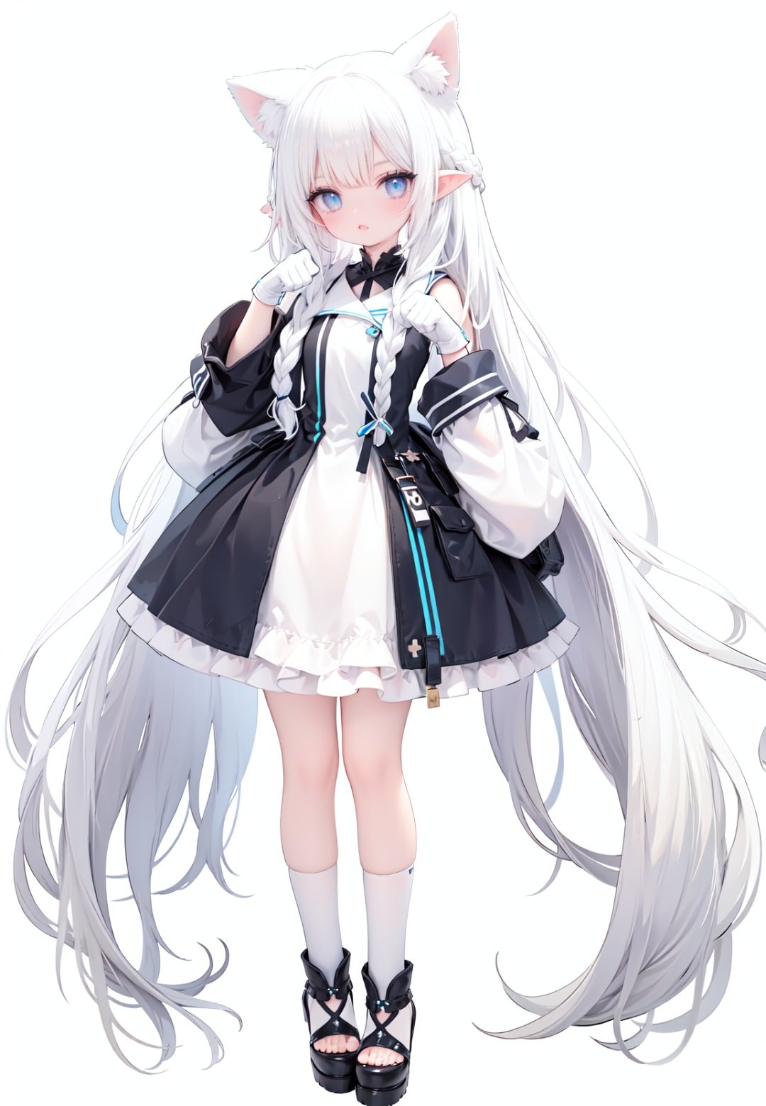  1girl, white_gloves, braid, full_body, gloves, long_hair, official_alternate_costume, pointy_ears, simple_background, solo, standing, very_long_hair, white_background, white hair, blue eyes, paw claw pose, open_mouth