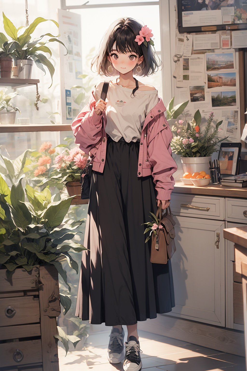 WANSHENG, 1girl, flower, solo, v, short hair, full body, skirt, long sleeves, standing, brown hair, jacket, looking at viewer, hair ornament, shoes, plant, brown eyes, bag, long skirt, blush, sweater, black hair, pink flower, shirt, hair flower, closed mouth, english text, off shoulder, white shirt, handbook