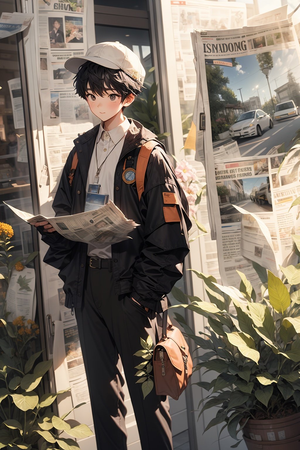 WANSHENG, bag, hat, flower, shirt, holding, 1boy, white shirt, black pants, solo, jacket, male focus, newspaper, pants, short hair, paper, collared shirt, leaf, long sleeves, brown jacket, window, plant, black headwear, shoulder bag, border, closed mouth, english text, standing, handbook