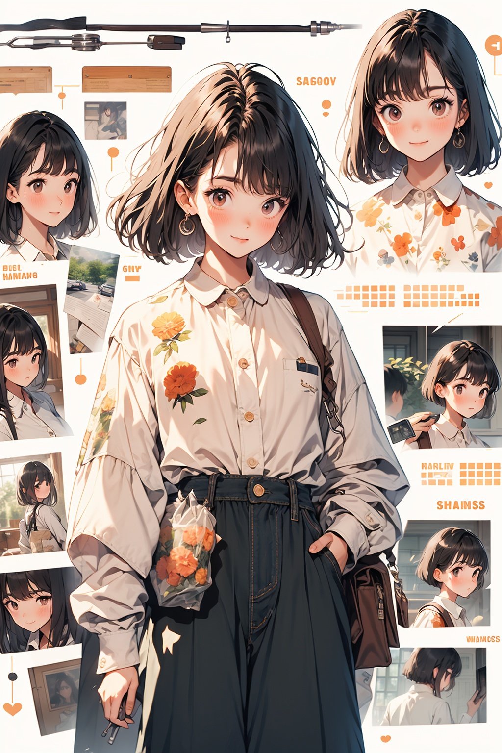 WANSHENG, 1girl, black hair, shirt, solo, blush, holding, short hair, collared shirt, bag, brown eyes, cowboy shot, long sleeves, white shirt, bangs, print shirt, handbook