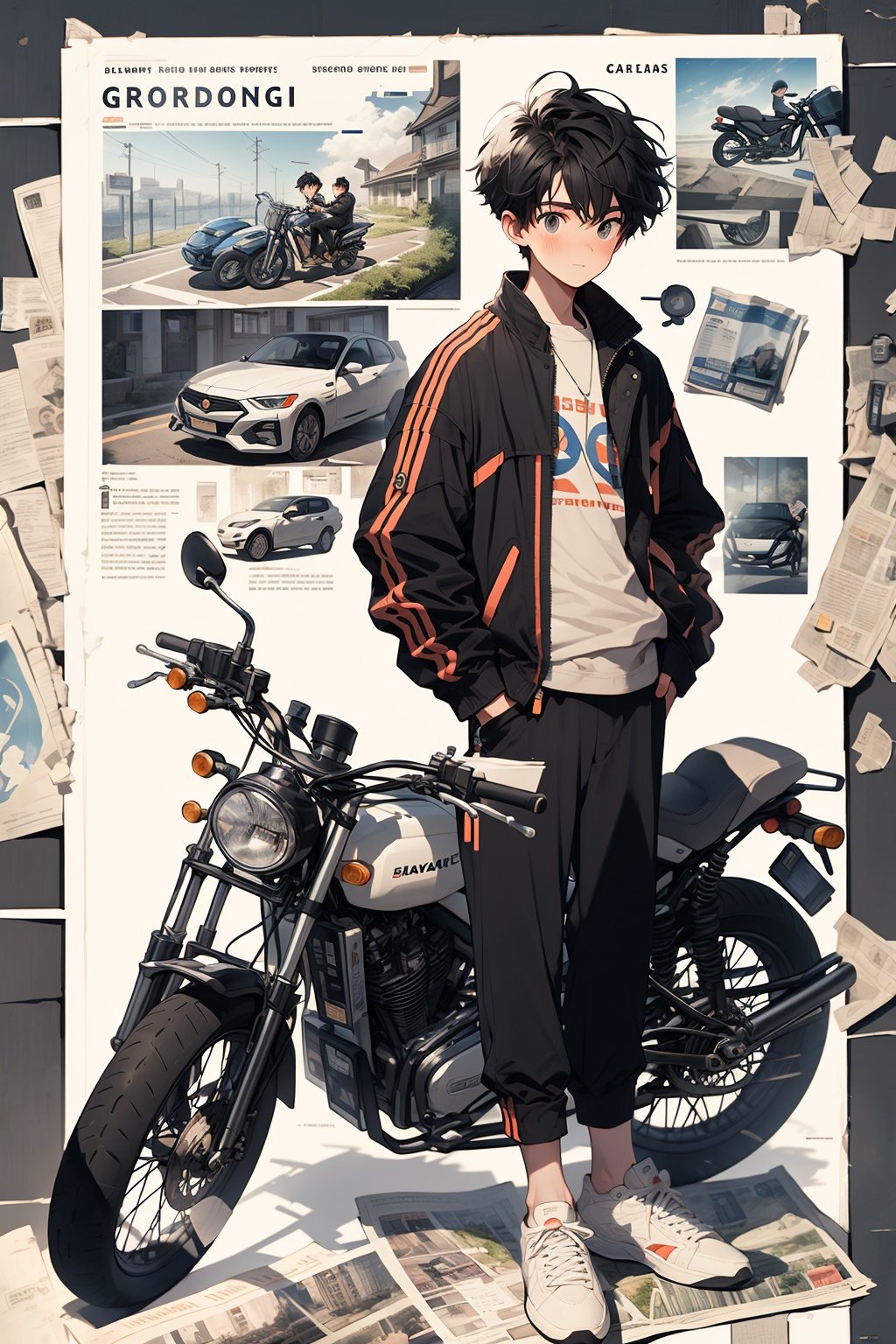 WANSHENG, ground vehicle, motor vehicle, shoes, short hair, solo, pants, motorcycle, jacket, 1boy, sneakers, black pants, bag, black hair, hand in pocket, looking at viewer, male focus, bicycle, newspaper, standing, long sleeves, full body, black jacket, map, poster \(object\), handbook