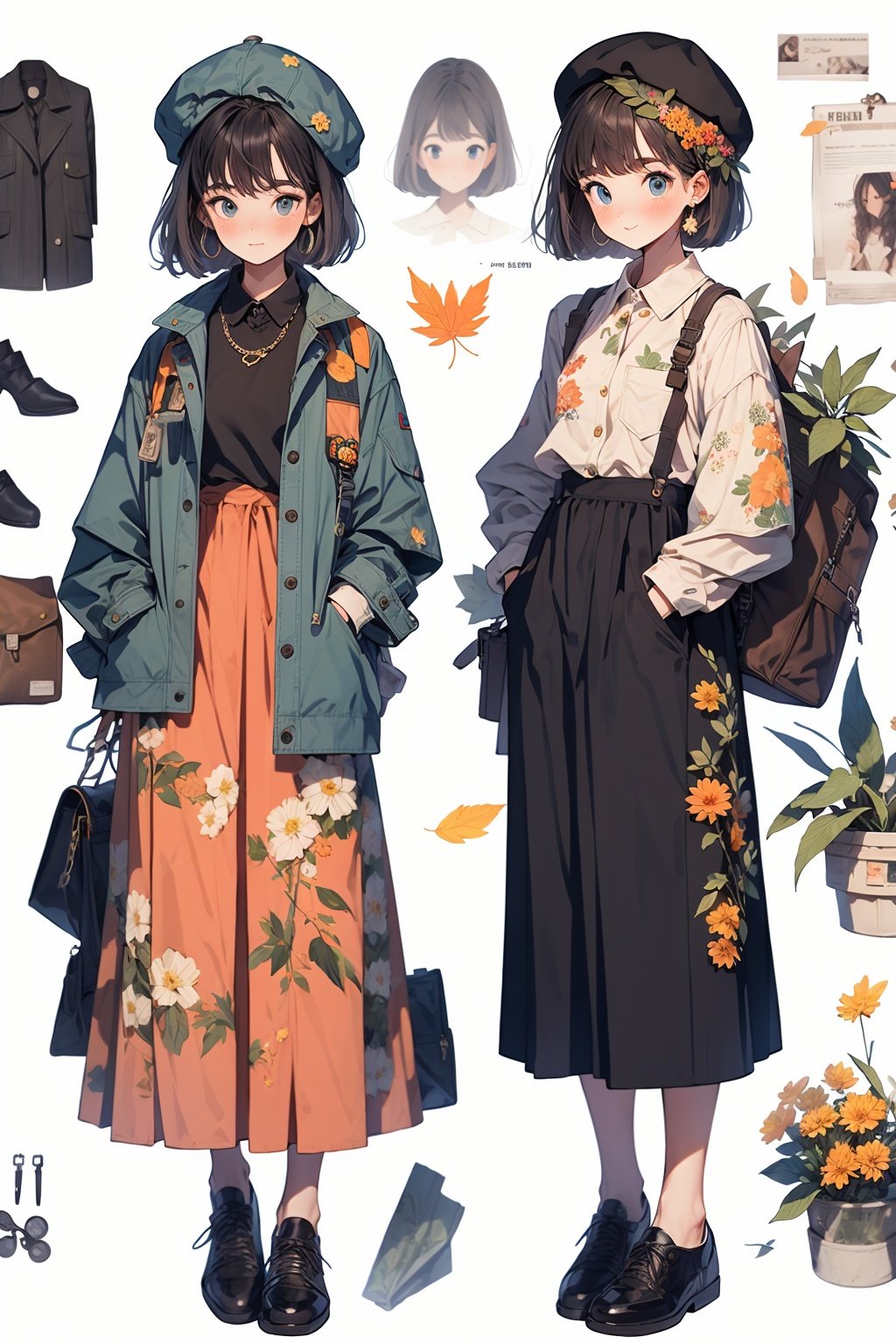 WANSHENG, hat, shirt, black footwear, short hair, brown hair, white shirt, beret, long sleeves, shoes, 2girls, full body, skirt, english text, multiple girls, neck ribbon, bangs, collared shirt, ribbon, shirt tucked in, standing, looking at viewer, bag, pants, coat, plaid, plant, floral print, blush, bob cut, pocket, shoulder bag, jacket, hand in pocket, blue eyes, red headwear, leaf, long skirt, earrings, leaf print, flower, orange headwear, plaid headwear, blue skirt, handbook