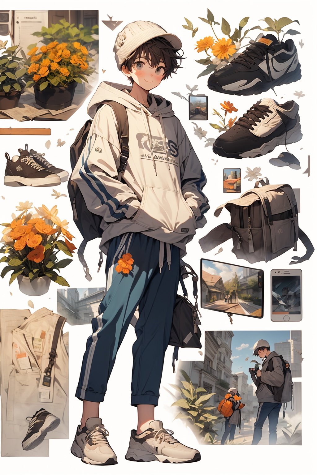 WANSHENG, pants, flower, hood, hoodie, 1boy, orange flower, shoes, hat, bag, male focus, holding, backpack, looking at viewer, gloves, drawstring, sneakers, solo, standing, plant, blue pants, long sleeves, yellow flower, white flower, brown hair, short hair, brown eyes, hand in pocket, closed mouth, full body, hair between eyes, white hoodie, hood down, food, smile, bird, black gloves, bottle, fingerless gloves, white headwear, bangs, english text, black footwear, handbook