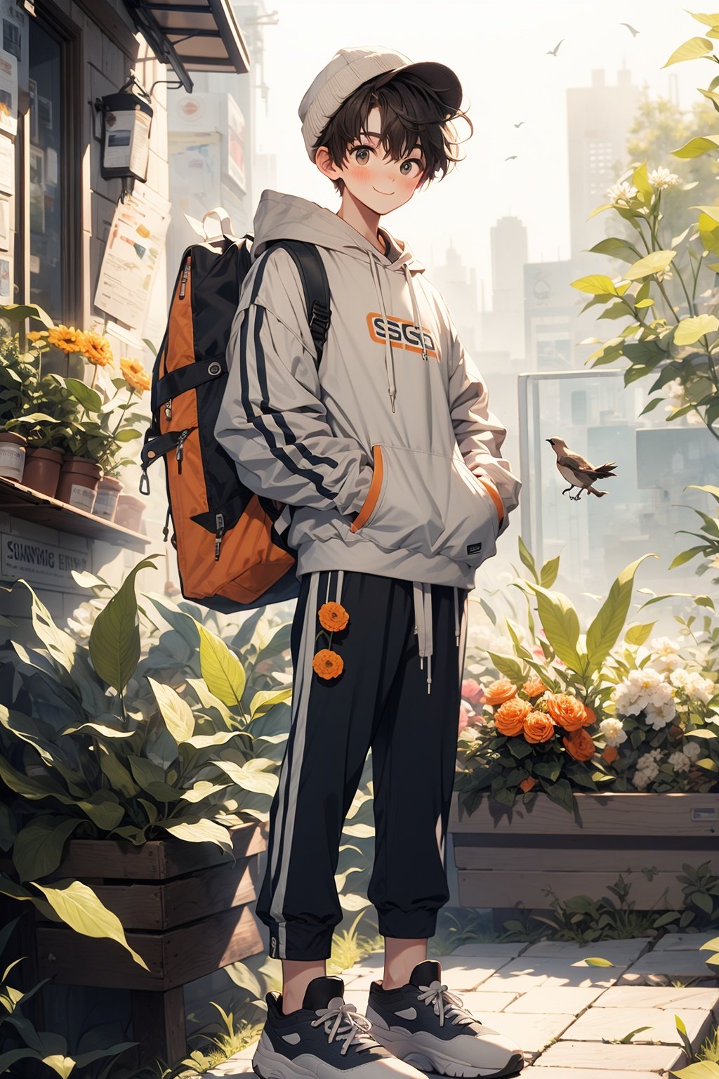 WANSHENG, pants, flower, hood, hoodie, 1boy, orange flower, shoes, hat, bag, male focus, holding, backpack, looking at viewer, gloves, drawstring, sneakers, solo, standing, plant, blue pants, long sleeves, yellow flower, white flower, brown hair, short hair, brown eyes, hand in pocket, closed mouth, full body, hair between eyes, white hoodie, hood down, food, smile, bird, black gloves, bottle, fingerless gloves, white headwear, bangs, english text, black footwear, handbook