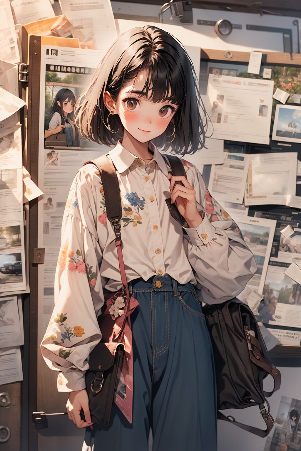 WANSHENG, 1girl, black hair, shirt, solo, blush, holding, short hair, collared shirt, bag, brown eyes, cowboy shot, long sleeves, white shirt, bangs, print shirt, handbook