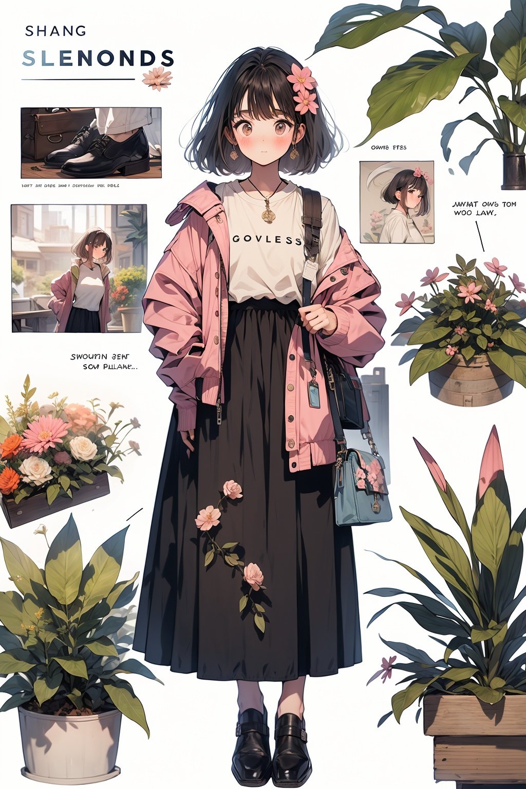 WANSHENG, 1girl, flower, solo, v, short hair, full body, skirt, long sleeves, standing, brown hair, jacket, looking at viewer, hair ornament, shoes, plant, brown eyes, bag, long skirt, blush, sweater, black hair, pink flower, shirt, hair flower, closed mouth, english text, off shoulder, white shirt, handbook