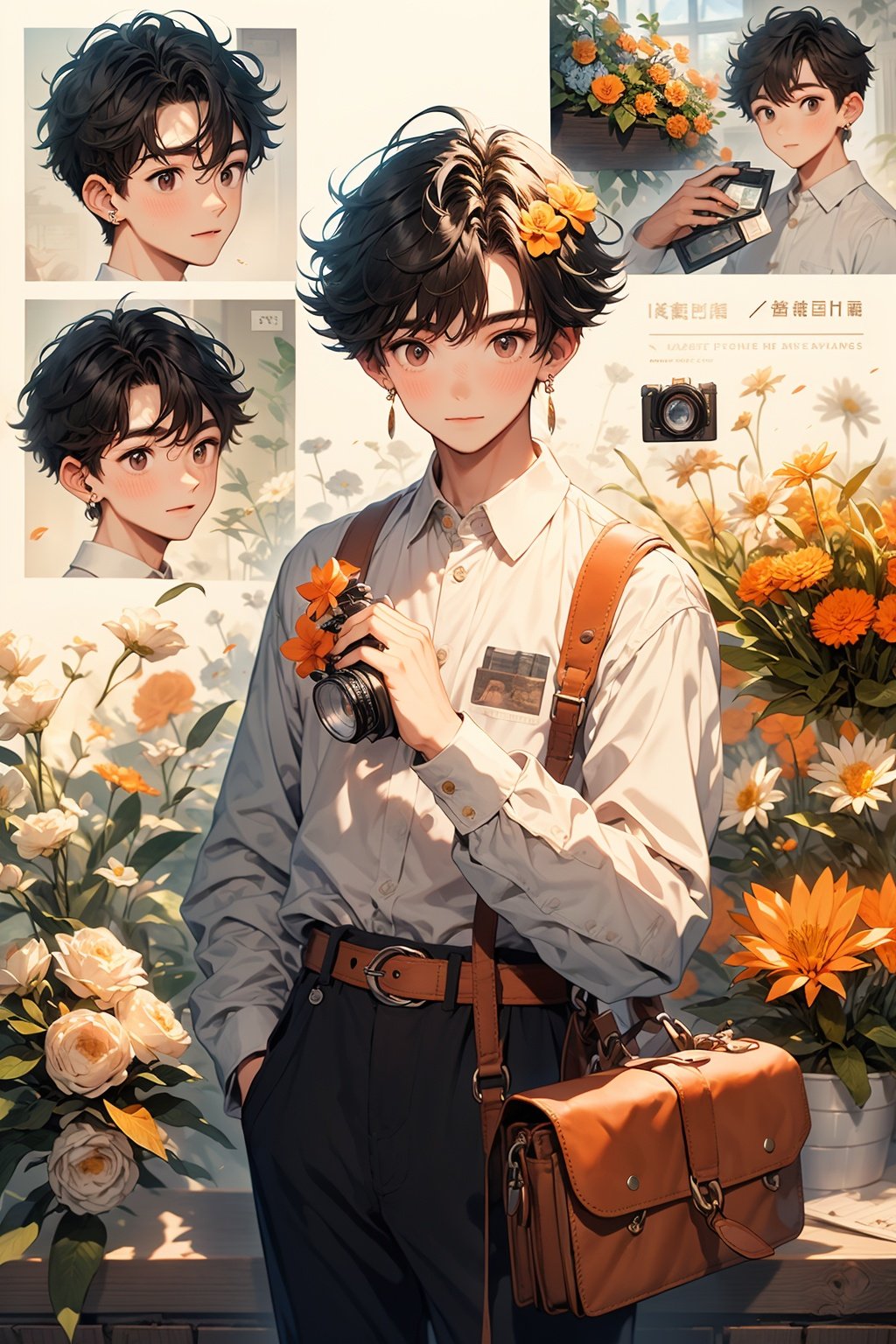 WANSHENG, 1boy, male focus, flower, short hair, shirt, long sleeves, looking at viewer, black hair, bag, belt, brown eyes, solo, jewelry, collared shirt, white shirt, holding, earrings, camera, closed mouth, orange flower, handbook