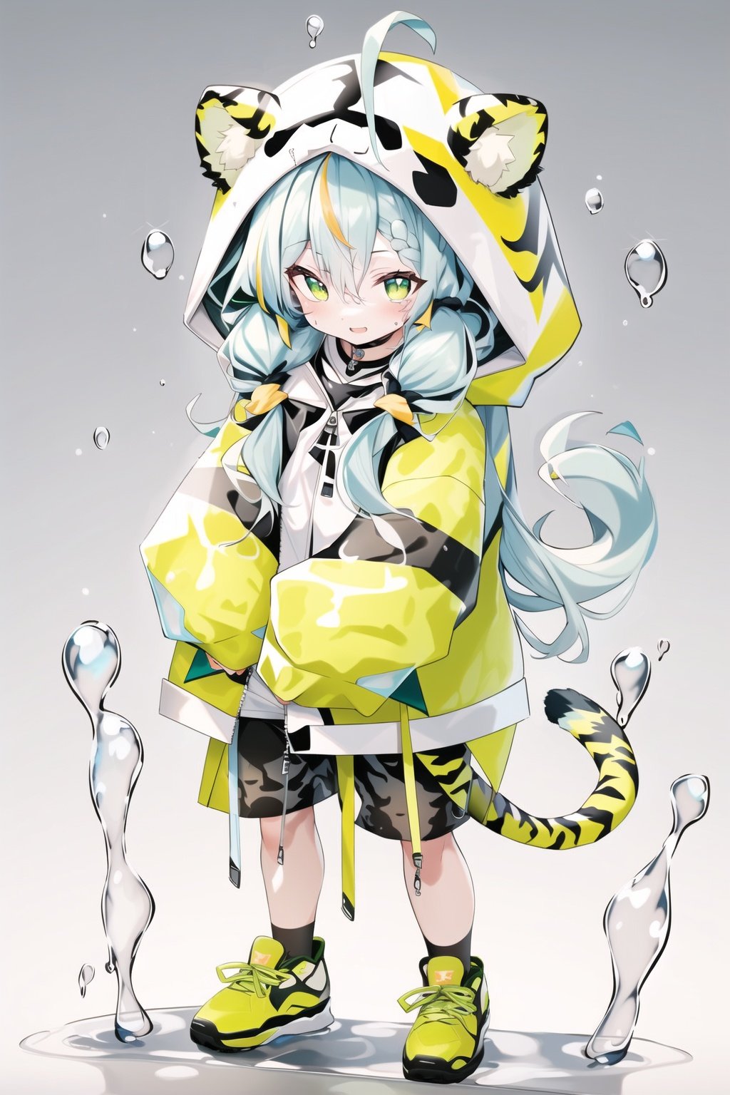 kawj, chibi, 1boy, solo, male focus, shorts, tail, full body, hood, animal hood, male child, tiger tail, jacket, long sleeves, animal ears, hood up, animal print, standing, multicolored hair, streaked hair, looking at viewer, hair between eyes, child, water drop, shoes, green eyes, puddle, green footwear, white hair, shirt, blue shorts, bangs, green hair, open jacket, sneakers, tiger ears, tiger print, open mouth, best quality,masterpiece,realistic,HDR,UHD,8K,  <lora:kawj:1:1:lbw=1,1,0.2,1,1,1,1,1,1,0.6,1,1,1,1,0,0,1>