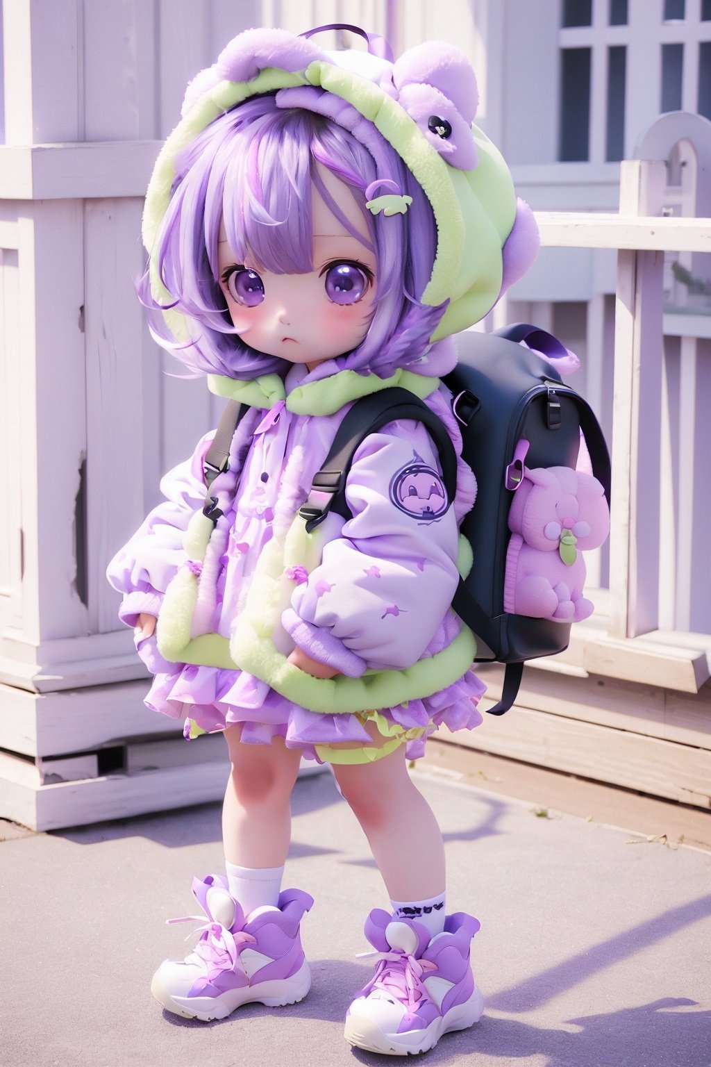 kawj,chibi,1girl, solo, backpack, blush, looking at viewer, shoes, bag, purple hair, full body, long hair, hair ornament, dress, hood, pink eyes, twintails, white footwear, standing,    <lora:kawj_V1:0.9>