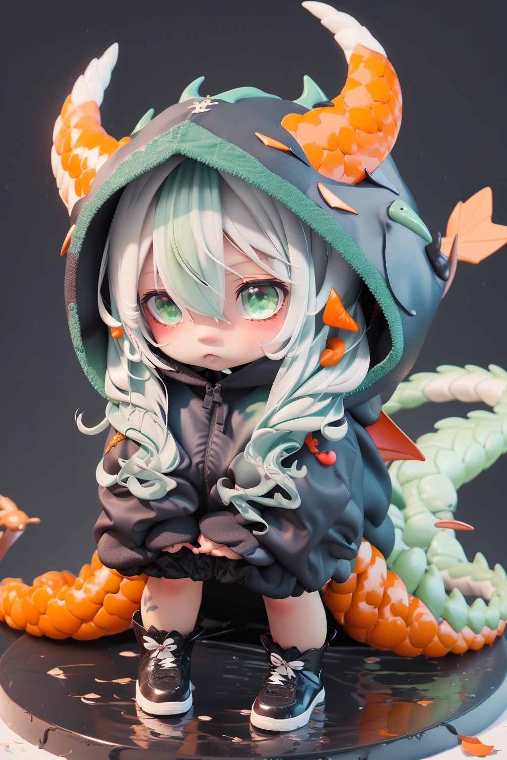 kawj,chibi, 1girl, tail, dragon tail,  horns, solo, dragon girl, hood, dragon horns, white hair,  petals, blush, green eyes, mole, orange hoodie, bangs, looking at viewer, hood up, own hands together