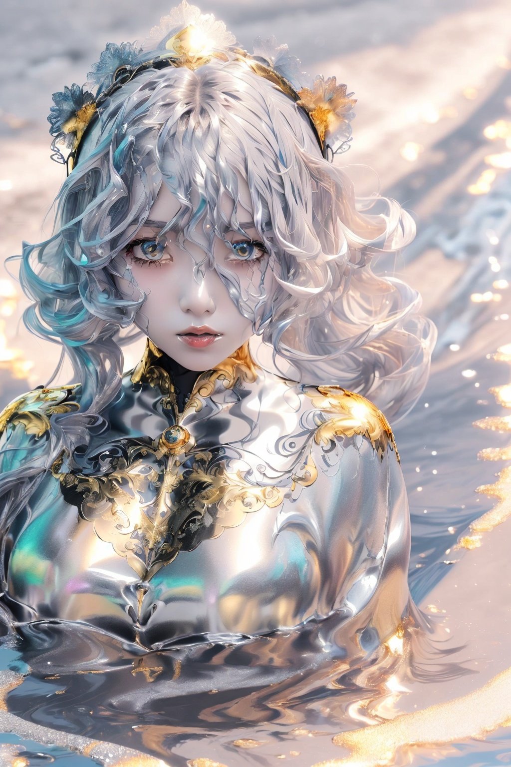 masterpiece, best quality, best quality, Amazing, beautiful detailed eyes,((1girl)), finely detailed, Depth of field, extremely detailed CG unity 8k wallpaper, full body,(other Minato aqua), (((a girl wears Clothes with a silver texture))),((Extremely gorgeous metal style)),((Metal crown with ornate stripes)),((((Various metals background)))),Sputtered molten iron,(floating hair),((Hair like melted metal)),(((detailed face))), (((detailed eyes))),(((Clothes made of silver))),(((Clothes with gold lace))),((full body)),((((flowing gold and silver)))),(((((everything flowing and melt))))),(((((flowing iron))))),(((((flowing silver))))),((((lace flowing and melt)))),<lora:kawj_V1:0.9>