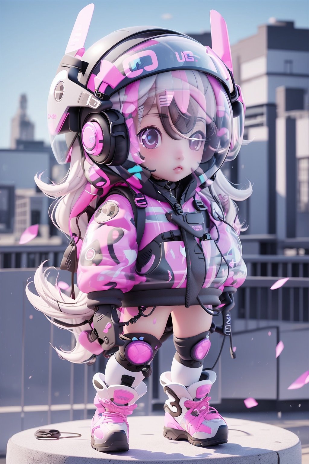 kawj,chibi, 1girl, solo, helmet, full body, white hair, pink eyes, standing,  looking at viewer, headset,city,   <lora:kawj-000014:1:1:lbw=1,1,1,1,0.2,0.2,1,1,1,1,1,1,1,1,1,1,1>