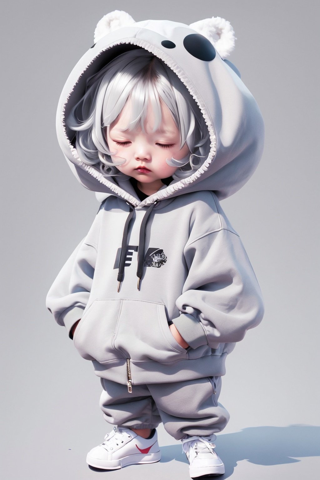 kawj,chibi,solo, 1boy, hood, male focus, closed eyes, hoodie, pants, white hair, bangs, hood down, shoes, grey background, komaeda nagito, standing, closed mouth, long sleeves, full body, blush, child, grey hoodie, drawstring, arms at sides, white hoodie, messy hair, male child, facing viewer, hair between eyes, city,    <lora:kawj_V1:0.8>