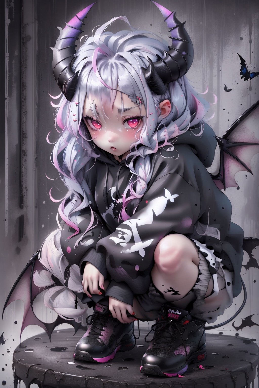 kawj,chibi, horns, tail, wings, bug, butterfly, demon tail, 1boy, male focus, pink eyes, white hair, demon wings, otoko no ko, hoodie, solo, demon horns, hood, demon boy, looking at viewer, black hoodie, demon girl, squatting, white butterfly, demon, bat wings, jacket,  best quality,masterpiece,realistic,HDR,UHD,8K,