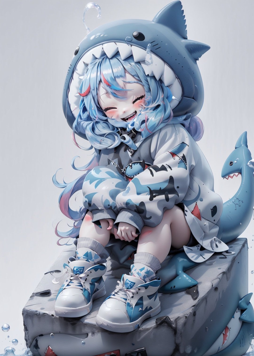 kawj,chibi, 1girl, virtual youtuber, teeth, gawr gura, hood, blue eyes, sharp teeth, one eye closed, shark hood, multicolored hair, blue hair, grey hair, animal hood, solo, sleeves past wrists, streaked hair, shark tail, fish tail, smile, sitting, blue hoodie, hoodie, tail, open mouth, shoes, blush, shark girl, sleeves past fingers, long sleeves, sneakers, bangs, ;d, white footwear, hood up, stuffed toy, socks, looking at viewer,  best quality,masterpiece,realistic,HDR,UHD,8K,