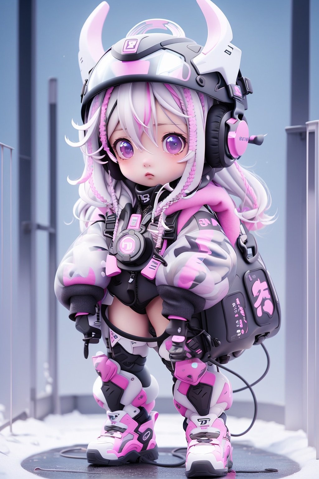 kawj,chibi, 1girl, solo, helmet, full body, white hair, pink eyes, standing,  looking at viewer, headset,city,   <lora:kawj-000014:1:1:lbw=1,1,1,1,0.2,0.2,1,1,1,1,1,1,1,1,1,1,1>