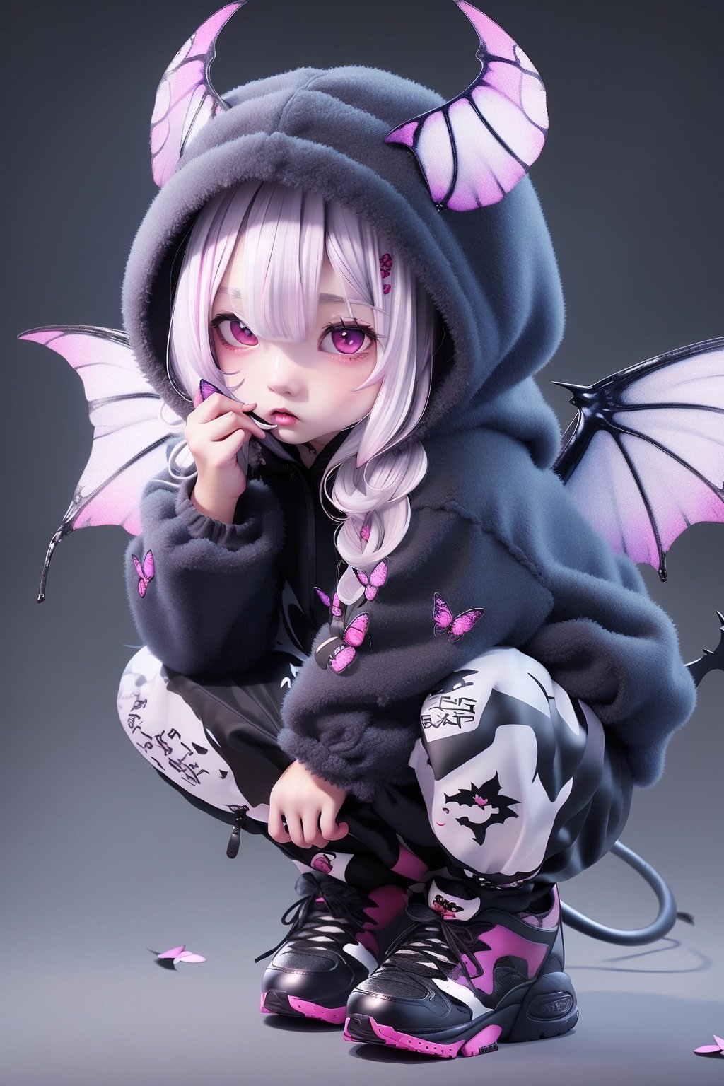 kawj,chibi, horns, tail, wings, bug, butterfly, demon tail, 1boy, male focus, pink eyes, white hair, demon wings, otoko no ko, hoodie, solo, demon horns, hood, demon boy, looking at viewer, black hoodie, demon girl, squatting, white butterfly, demon, bat wings, jacket,  best quality,masterpiece,realistic,HDR,UHD,8K,