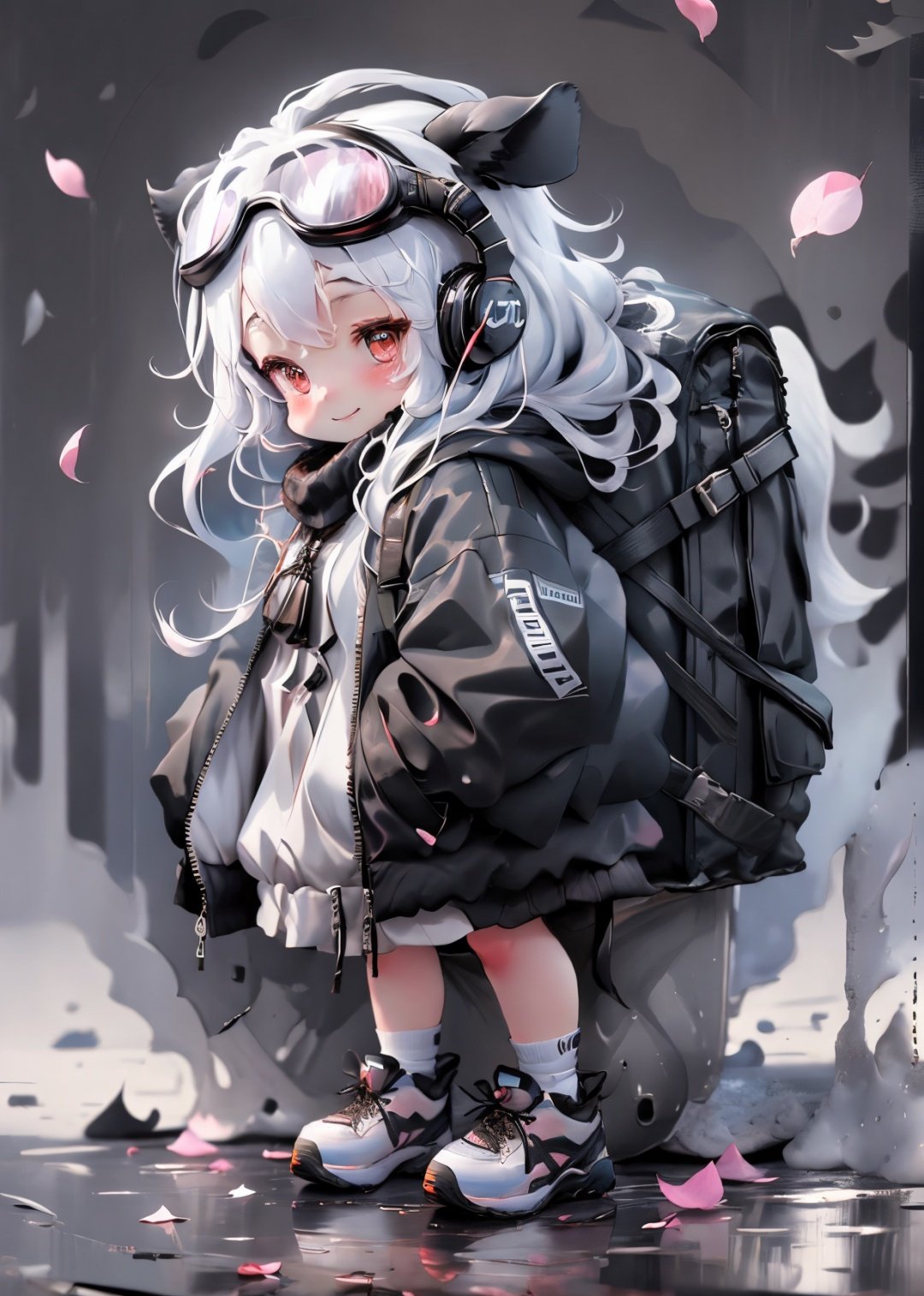 kawj,chibi, 1girl, solo, long hair, smile, backpack, full body, jacket, socks, goggles, bag, long sleeves, white hair, very long hair, sleeves past wrists, looking at viewer, standing, animal ears, shoes, black dress, black socks, closed mouth, puffy sleeves, open jacket, goggles on head, open clothes, brown eyes, puffy long sleeves, gradient, gradient background, petals, dress, headphones, sneakers, white jacket, bangs, blush,  best quality,masterpiece,realistic,HDR,UHD,8K,