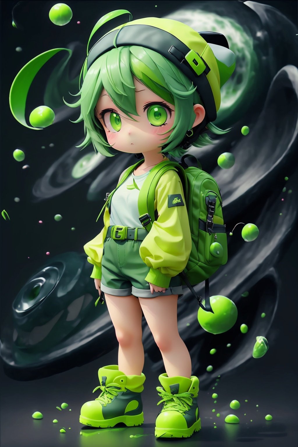 kawj,chibi,1girl, solo, green eyes, bag, backpack, long sleeves, boots, green background, full body, green footwear, green headwear, hat, standing, shirt, gradient background, ahoge, gradient, belt, looking at viewer, green hair, green theme, holding, shorts,  universe,   <lora:kawj_V1:0.8>