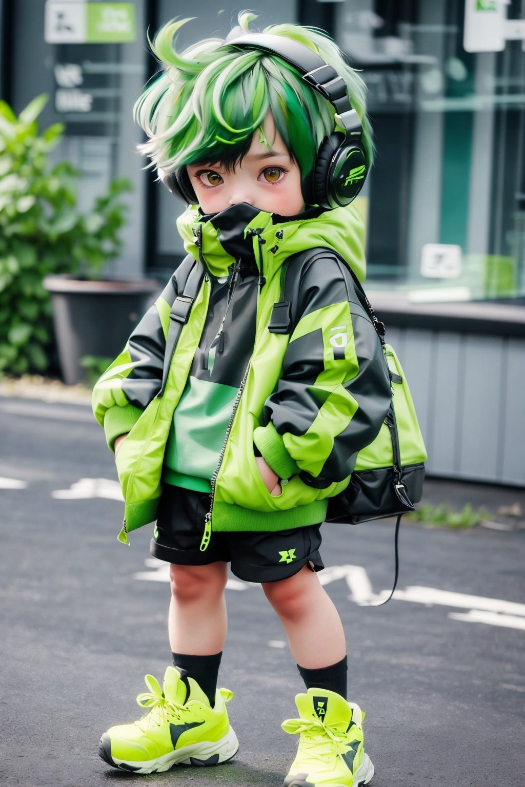 kawj,chibi, 1boy, male focus, shorts, solo, gloves, headphones, green gloves, jacket, green footwear, fingerless gloves, green jacket, green hair, shoes, black shorts, sneakers, green eyes, male child, full body, short hair, white socks, long sleeves, bag,  shirt,  covered mouth, child, simple background, looking at viewer, standing, city,   <lora:kawj-000014:1:1:lbw=1,1,1,1,0.2,0.2,1,1,1,1,1,1,1,1,1,1,1>