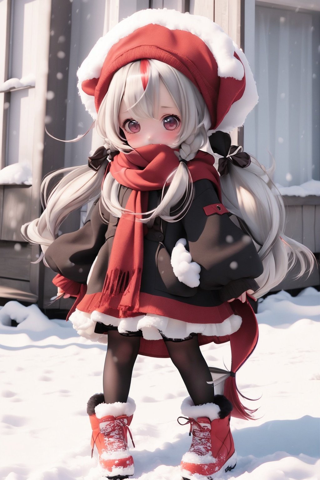 kawj,chibi,1girl, solo, long hair, full body, hat, boots, bangs, dress, long sleeves, white hair, twintails, red eyes, very long hair, standing, holding, pantyhose, scarf, wide sleeves, hair between eyes, sleeves past wrists, looking at viewer, red scarf, blush, low twintails, black pantyhose, artist name, red footwear, snow, red headwear,      <lora:kawj_V1:0.9>