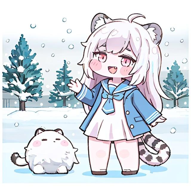 1girl, solo blue shirt, blue sailor coat, loli, full body, white hair, snow leopard ear, white background, pink eyes, laugh, happy,