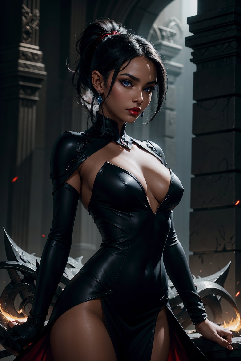 masterpiece, best quality, beautiful lighting, ultra detailed,
(dark theme:0.9), woman sharp features, pointy ears, black hair, blue eyes, elagent dress, fantasy theme, ponytail, dark skin, red lipstick, earrings, Volumetric lighting, dynamic lighting, complex background,