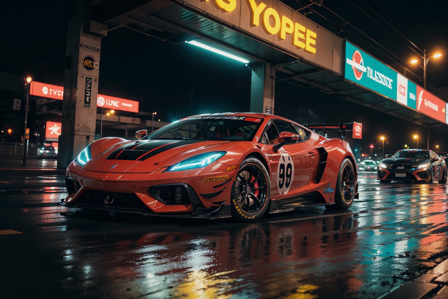 Super car, racing livery, raining, chases a car, speed motion, motion blur 
masterpiece, best quality, realistic, ultra highres, depth of field,(full dual colour neon lights:1.2), (hard dual colour lighting:1.4), (detailed background), (masterpiece:1.2), (ultra detailed), (best quality), intricate, comprehensive cinematic, magical photography, (gradients), colorful, detailed landscape, visual key,